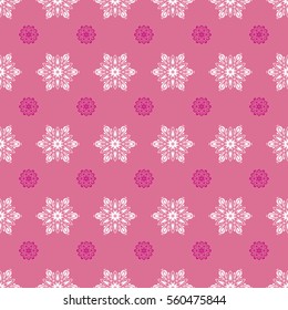 Colorful seamless pattern on a pink background. Winter vector frame with arabesques, doodles, dots and snowflakes. Fine greeting card.
