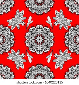 Colorful seamless pattern on red, white and black colors with colorful elements. Vector abstract background with repeating elements. Vector illustration. Seamless damask classic colorful pattern.