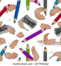 Colorful seamless pattern on a school theme with colored pencils, pencil shavings and realistic sharpener. Vector illustration