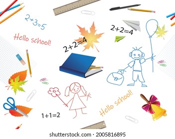 Patrón colorido y sin fisuras en un tema escolar con accesorios e inscripciones. Dibujo de vectores. 