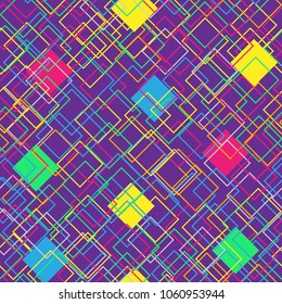 Colorful seamless pattern on violet background. Modern concept with color squares. Abstract geometric shapes. Vector illustration.