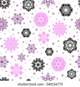 Colorful seamless pattern on white background. Winter vector frame with arabesques, doodles and purple and pink snowflakes. Fine greeting card.