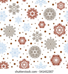 Colorful seamless pattern on white background. Winter vector frame with arabesques, doodles and brown and beige snowflakes. Fine greeting card.