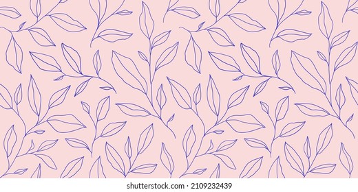 Colorful seamless pattern with one line leaves. Vector floral background in trendy minimalistic linear style. Hand drawn outline design for fabric , print, cover, banner and invitation.