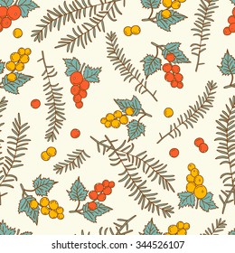 Colorful seamless pattern with orange and yellow berries. Fresh berries icons hand drawn background. Decorative wallpaper, good for printing