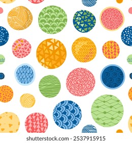 Colorful seamless pattern with ornamental round shapes on white backgrounds
