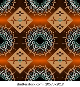 Colorful seamless pattern. Ornamental vector gradient background. Arabesque style floral ornaments. Beautiful decorative modern ornament with round mandalas, flowers, leaves, circles, shapes, rhombus.