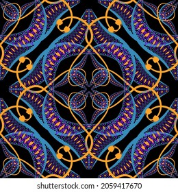 Colorful seamless pattern. Ornamental vector background. Ethnic style floral ornaments. Beautiful decorative modern ornaments with flowers, leaves, curves, shapes, rhombus, swirls. Endless texture.