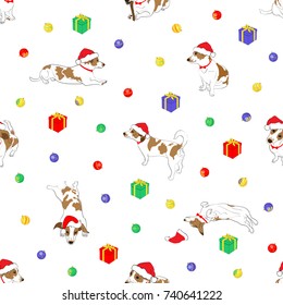 Colorful seamless pattern with outline hand drawn symbol 2018 year, dog dressed Santa Claus hat and Christmas attributes, red, green, yellow, gold, blue  spherical toy and  gift box 