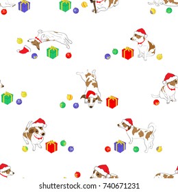 Colorful seamless pattern with outline hand drawn symbol 2018 year, dog dressed Santa Claus hat and Christmas attributes, red, green, yellow, gold, blue  toy and  gift box 