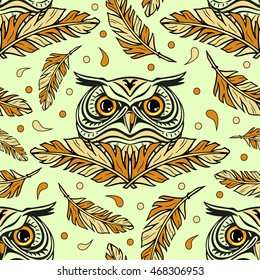 Colorful seamless pattern with owls and feathers. Hand drawn design in boho style for fashion, textile, fabric, wrapping paper, material,  tiles, website wallpaper, background.