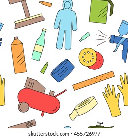 Colorful seamless pattern with painter equipments as compressor, protective suit, gun, gloves, sandpaper, solvent, polish, scales, mix, scotch tape
