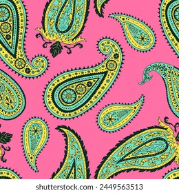 Colorful seamless pattern with Paisley motifs on pink background. Traditional indian repeat design.