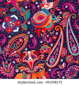 Colorful seamless pattern paisley style. Indonesian batik. Bright wallpaper with paisley and stylized flowers. Design for web, fabric, textile, cover, invitation, poster, wrapping paper, web page