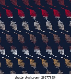 Colorful seamless pattern with palm summer ocean beach elements separated by color stripes on dark background.