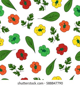 Colorful seamless pattern with paprika, spinach and parsley vector illustration, colorful print for design.
