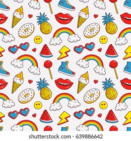 Colorful seamless pattern with patch badges. Fashion background in white, red, blue and yellow colors. Vector trendy illustration in 80s-90s comic style.
