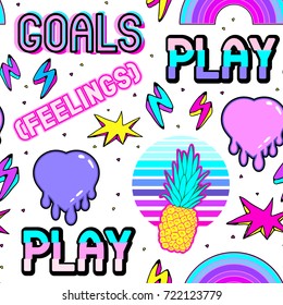 Colorful seamless pattern with patches, stickers, badges, pins with pineapples, hearts, words "goals", "feelings", "play", etc. White background.