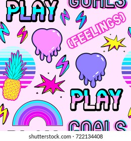 Colorful seamless pattern with patches, stickers, badges, pins with pineapples, hearts, words "goals", "feelings", "play", etc. Pastel pink background.