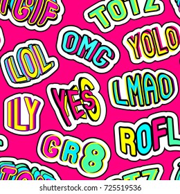 Colorful seamless pattern with patches, stickers with words "totz", "tgif", "yolo", "lol", "omg", "gr8", "rofl", "ily", "lmao". Red background. Teen slang abbreviations. Comic cartoon style of 90s.