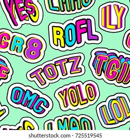 Colorful seamless pattern with patches, stickers with words "totz", "tgif", "yolo", "lol", "omg", "gr8", "rofl", "ily", "lmao". Green background. Teen slang abbreviations. Comic cartoon style of 90s.