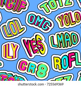 Colorful seamless pattern with patches, stickers, badges, pins with words "totz", "tgif", "yolo", "lol", "omg", "gr8", "rofl", "ily", "lmao". Blue background. Teen slang c abbreviations. 