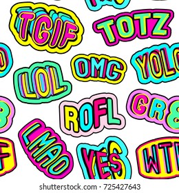 Colorful seamless pattern with patches with words "totz", "tgif", "yolo", "lol", "omg", "gr8", "rofl", "wtf", "lmao". Blue background. Teen slang c abbreviations. 