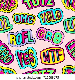 Colorful seamless pattern with patches with words "totz", "tgif", "yolo", "lol", "omg", "gr8", "rofl", "wtf", "lmao". Peachy background. Teen slang abbreviations. 