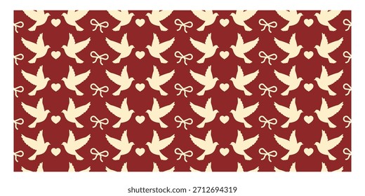 Colorful seamless pattern of peaceful doves with ribbons, perfect for Valentine romance, weddings, and soft designs.