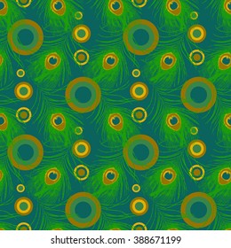 Colorful seamless pattern with peacock feather and circles. Stock vector illustration.