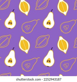 Colorido patrón sin fisuras con pera y limón. Fondo de estilo creativo de los años 90. Papel pintado de doodle de aspecto lúdico. Luminosa ilustración de los frutos de verano para el tejido y la decoración.