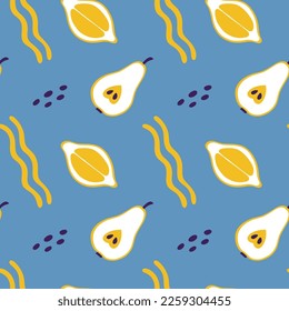 Colorful seamless pattern with pear, lemon and abstract elements. Creative 90s style background. Playful doodle wallpaper print. Vector illustration for fabric and decor.