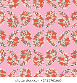 Colorful seamless pattern with peeled shrimp. Vector print, background, design in simple contemporary style