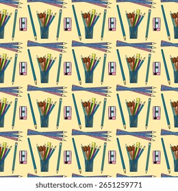 Colorful seamless pattern with pencils, brushes, pens, ruler and sharpener on yellow background. For back to school theme, school or office supplies, stationery design, textile print, wrapping paper.