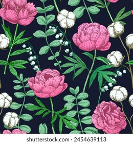 Colorful seamless pattern with peony and eucalyptus in victorian engraving style. Vector illustration.