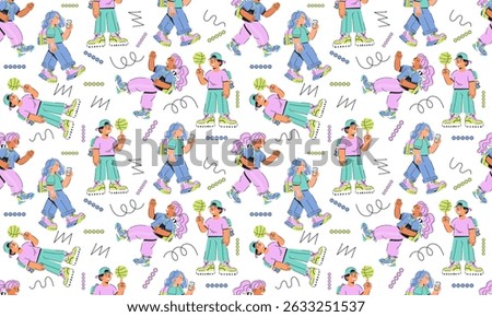 colorful seamless pattern with people in everyday life in trendy flat style, lifestyle pattern