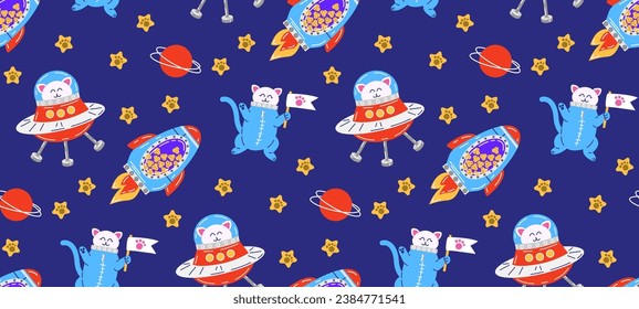Colorful seamless pattern with pets. Vector background with cute cats in space. Childish abstract print. Pet pattern. Isolated background.