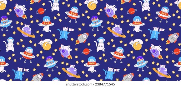 Colorful seamless pattern with pets. Vector background with cute cats in space. Childish abstract print. Pet pattern. Isolated background.