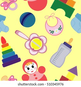 Colorful seamless pattern with pictures of children's subjects: socks, dice, ball, bottle, pacifier, bib, pyramid.
