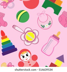 Colorful seamless pattern with pictures of children's subjects: socks, dice, ball, bottle, pacifier, bib, pyramid (pink background).