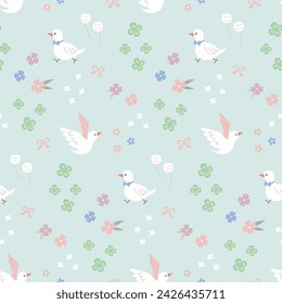 colorful seamless pattern with pigeons and clovers