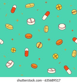 Colorful seamless pattern with pills and capsules. Medicine vector background. Line style illustration