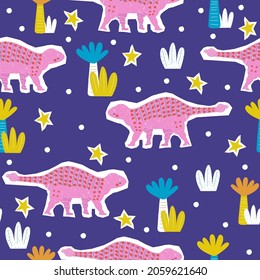 Patrón colorido y sin fisuras con dinosaurio rosa. Los niños imprimen. Ilustración dibujada a mano por vectores.