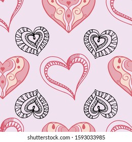 Colorful  seamless pattern with pink and doodle hearts on the light pink background . Vector. Hand drawing . Valentine day. Red, light pink, black. For packaging paper, fabric 