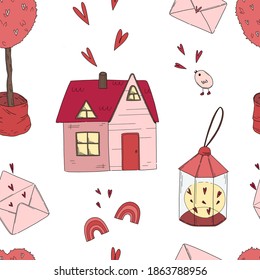 Colorful seamless pattern with pink elements. Home love vector illustration. Home quarantine concept. Happy Valentine's day
