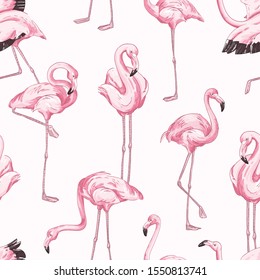 Colorful seamless pattern with pink flamingo. Hand drawn realistic background with tropical birds standing in different postures. Trendy vector backdrop with exotic wild animals