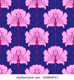 Colorful seamless pattern with pink flowers on blue background. Art nouveau style.