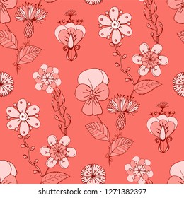 Colorful seamless pattern with pink flowers, pink background, hand drawn floral texture