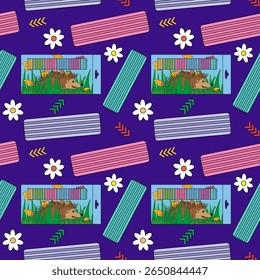 Colorful seamless pattern with plasticine bars, flower elements, and hedgehog themed packaging. For back to school theme, school or office supplies, stationery design, textile print, wrapping paper.