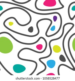 Colorful seamless pattern with polka dots and geometric shapes painted by hand. Modern vector illustration.